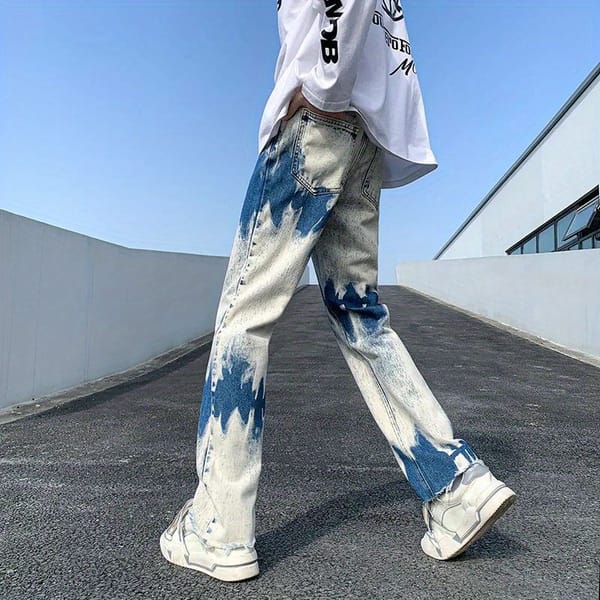 American style pants y2k high street tie-dye pattern raw edge jeans men's high-end sense of personality slim straight trousers
