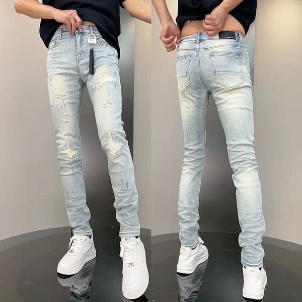 2024 Jeans For Man Classic Patchwork Light Blue Stretch Ripped Denim Pants High Quality Slim Fit Stretch Hip Hop Men's Clothing