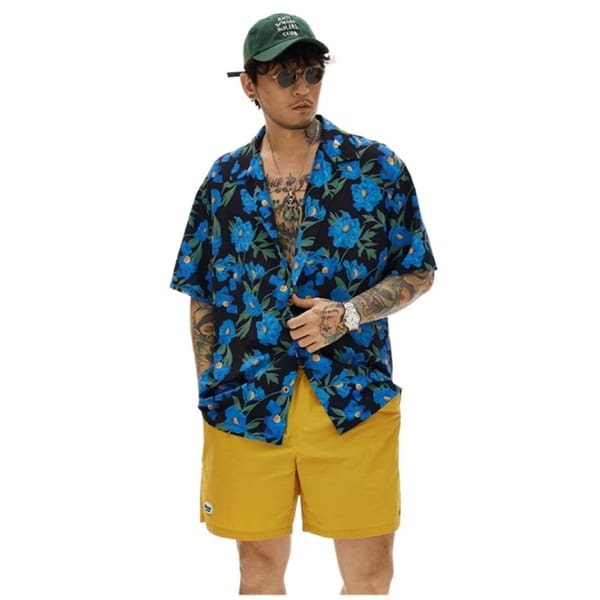 Summer Men's Cothing Cotton Turn-down Collar Blue Printed Short Sleeve Oversized Fashion Casual Hawaiian Plus Size Shirts