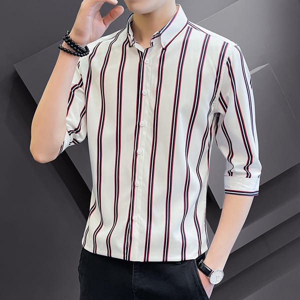 Summer Men's Short Sleeve Vertical Stripe Shirt Oversized Business Slim Casual Top Fashion Versatile Flip Collar Workwear Shirt