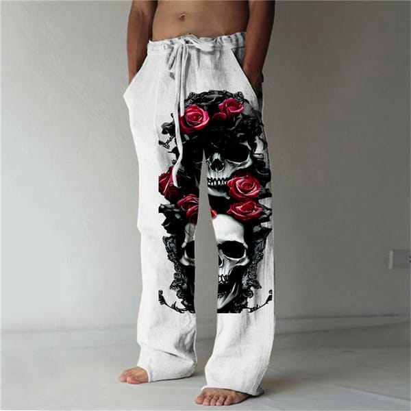Men's Summer Fashion Skull Straight Pants 3d Printed Casual Wide Leg Pants Loose Hawaiian Beach Pants