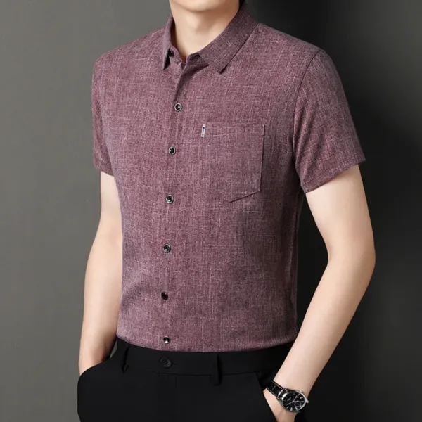 Summer High End Solid Color Cotton Linen Shirt for Men's Fashion Trend Casual Short Sleeved Shirt
