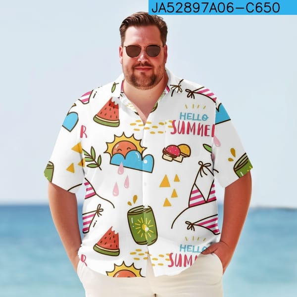 Casual Retro Lapel Top Fashion Men's Hawaiian Short Sleeve Beach Shirt  Summer White Print Street Wear