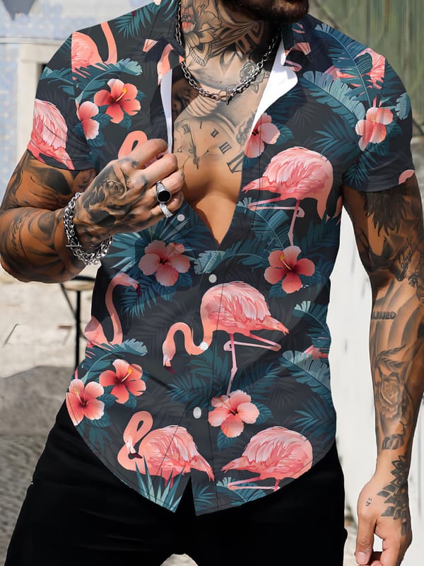Flamingo 3D Digital Printing Hawaiian Shirt Summer Short -sleeved Shirt Clothing Fashion Trend Men's Vacation Casual Shirt