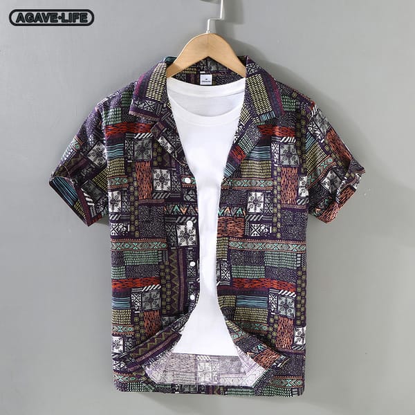 Spring Summer Cuban Collar Vintage Short Sleeve Cotton Linen Shirts Hawaiian Print Thin Linen Shirt Men's Comfortable Beach Tops