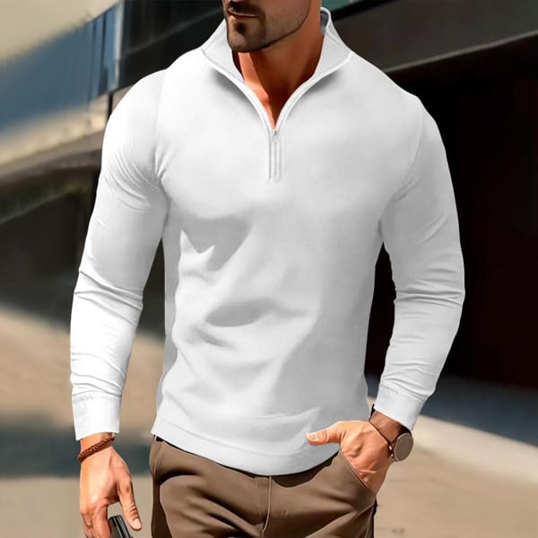 Solid Color Sweatshirt Men's Zipper Stand Collar Long Sleeve Shirt Soft Slim Fit Pullover for Fall Spring Simple Style Formal