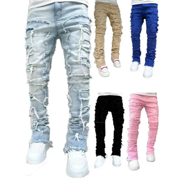 European and American jeans men's straight street personality fashion elastic  ripped solid color jeans  ripped jeans  pants y2k