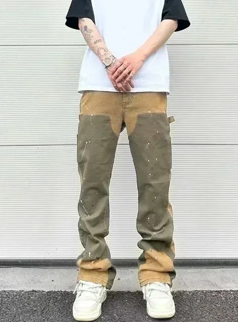 High Street Men's Washed Jeans Retro Personalized Straight Stitching Flare Pants European and American Trendy Denim Trousers