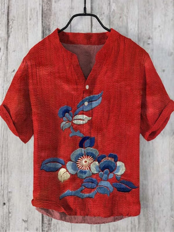 Amazon 2024 New Foreign Trade Men's Casual V-neck Three Button Shirt Tropical Style Short Sleeve 3D Printed Men's