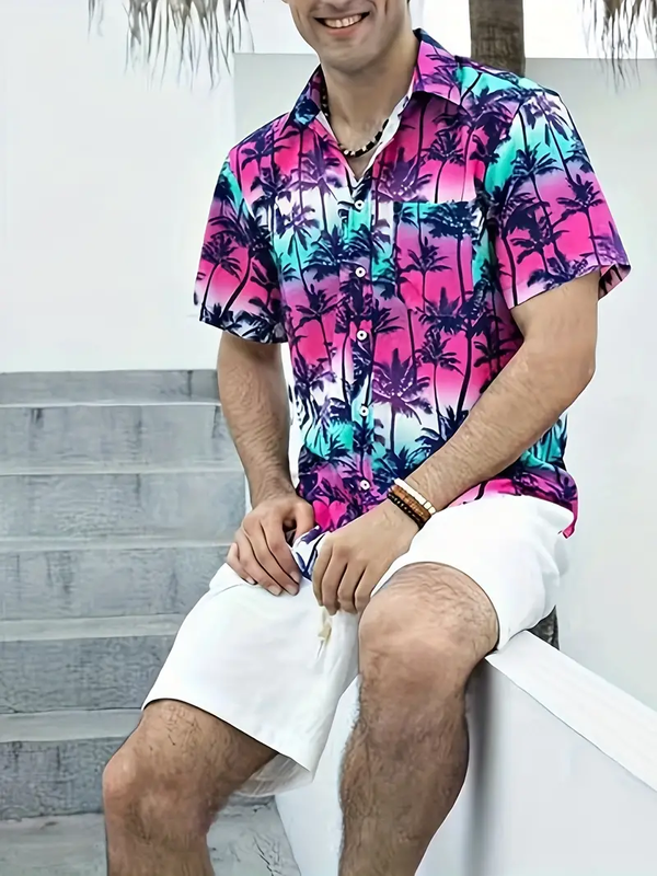 2024 Summer new men's Hawaiian Shirt 3D Plant shirt Hawaiian Beach Print Beach Short sleeve lapel top