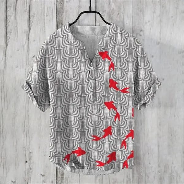 V-neck summer men's short sleeved 2024 new product 3D digital printed pullover 3-breasted shirt social casual Chinese style top