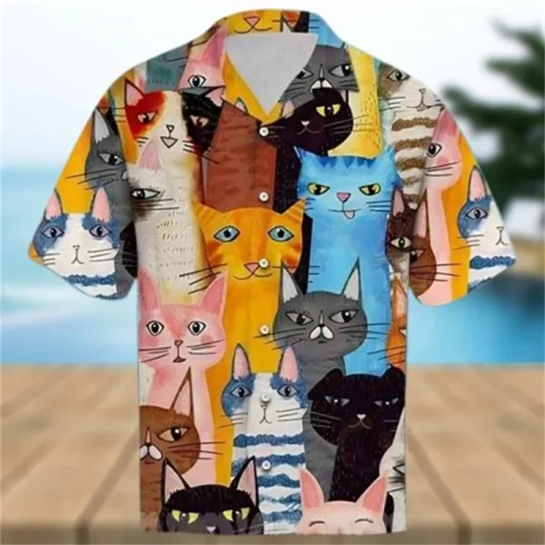 New Men's Shirt Cute Cartoon Cat 3D Print Casual Fashion Women Short Sleeves Shirts Button Lapel Tops Oversized Unisex Clothing