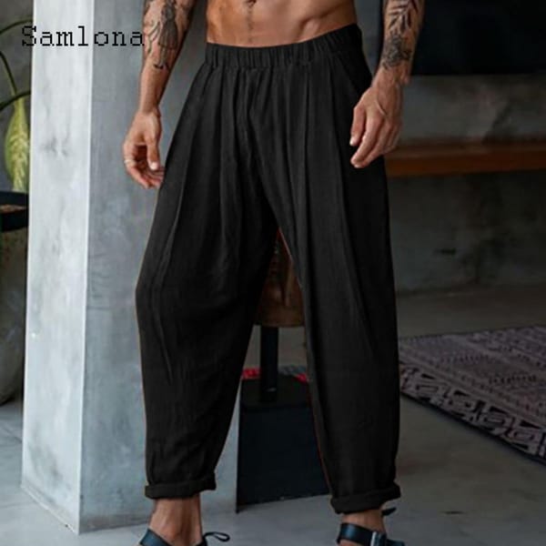 2023 Men's Elastic Waist Pocket Linen Pants Solid White Trouser Plus Size 4xl 5xl Mens Elegant Fashion Sweatpants Men Streetwear