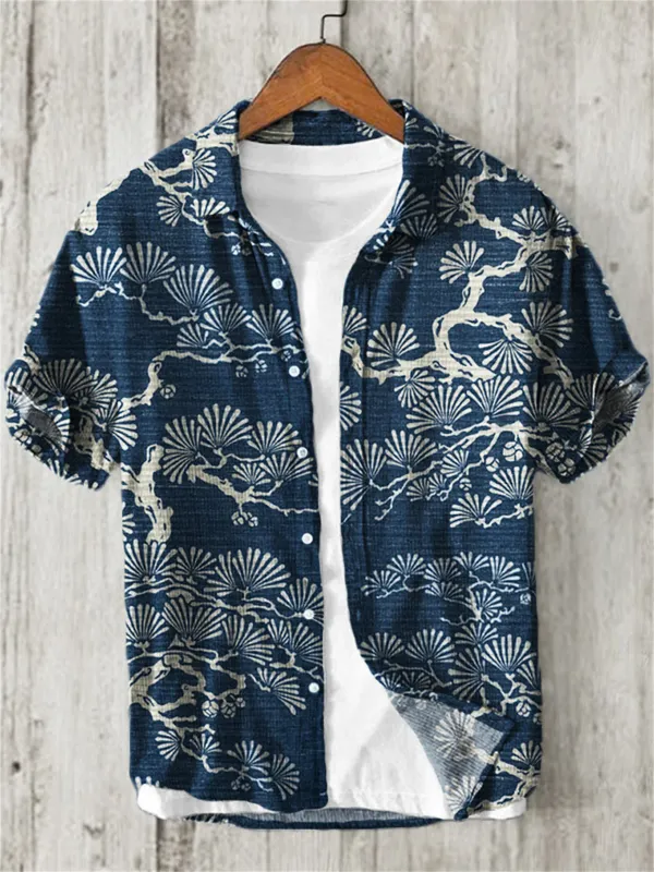 Men's Short Sleeve Linen Shirt, Retro Pine Printed Collar Shirt, Fashionable Casual Outdoor Top, High Quality, Summer, New, 2024