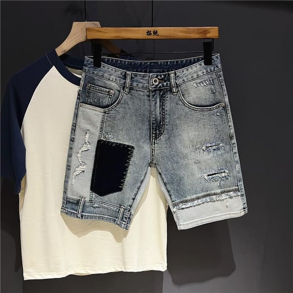 New Korean Style Clothes Korean Luxury Clothing Men's Knee-Length Spliced Cowboy Denim Shorts Stretch Casual Short Jeans Man