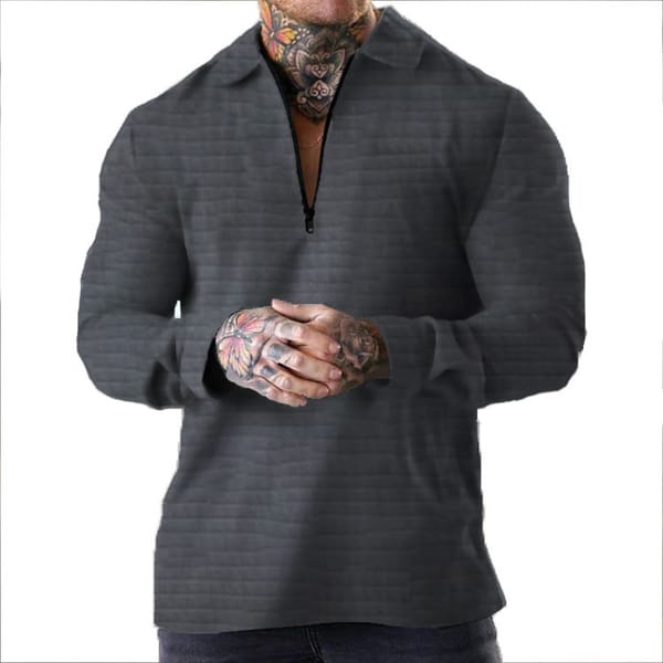 Men's Jacket Waffle Solid Color Zippered Long Sleeved Jacket Casual Lapel Cardigan