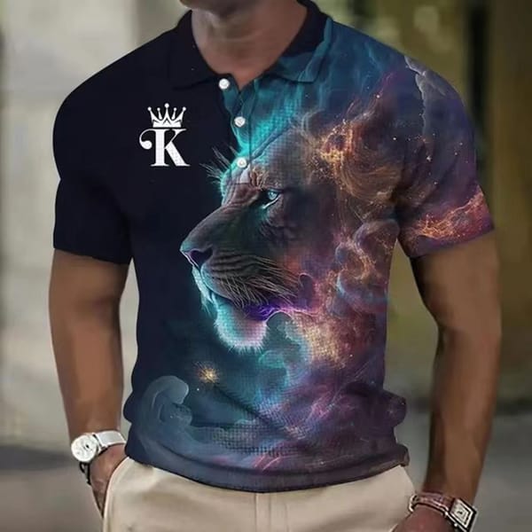 Summer new men's Polo shirt with patchwork stripes, 3D animal pattern, cool printing, simple lapel button up shirt, short sleeve