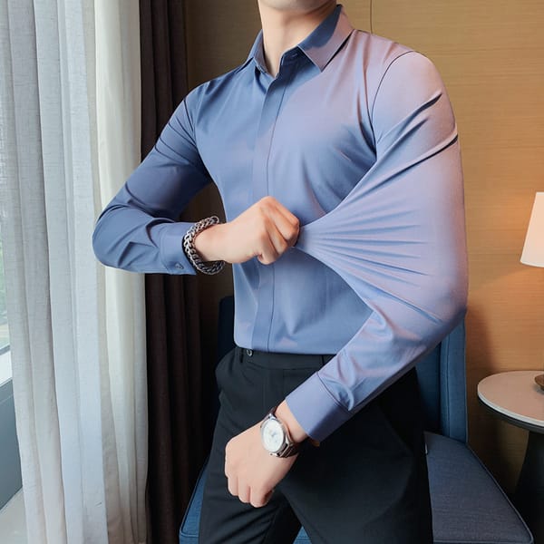 Men's Shirt High Elastic Plain Color Long Sleeve Mens Dress Shirts Slim Fit Business Formal Wear Stretched Blouse Homme Big Size