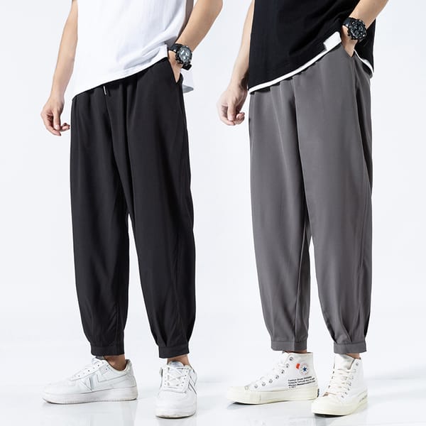 New Ice Silk Casual Pants Men's Trousers Loose Quick Dry Trousers Summer Ultra-thin Style Nine Points Pants