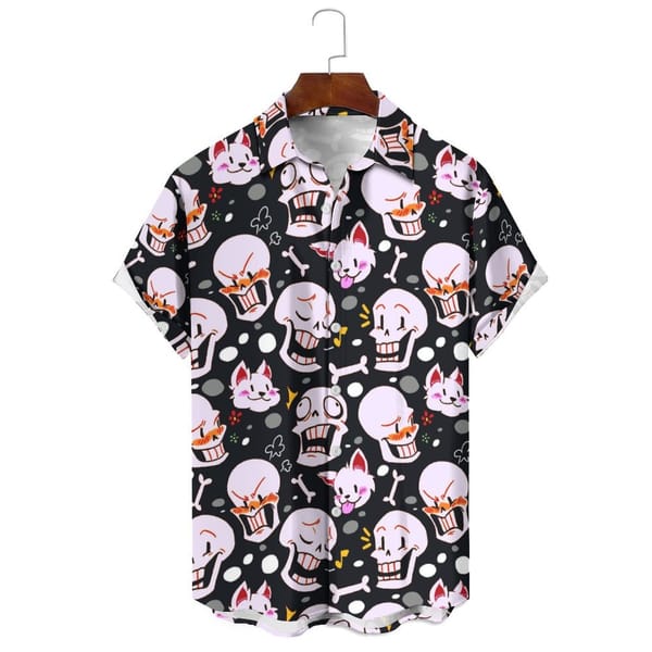 Simple Summer Men's/Women's Cartoon Funny Skull Print Loose Casual Daily Can Wear Lapel Single-Breasted Short-Sleeved Shirt