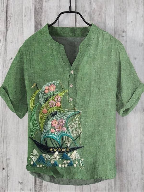 New Summer Large Size European and American Cross border Nostalgic Men's Digital Print 3-Button V-Neck Casual Short Sleeves