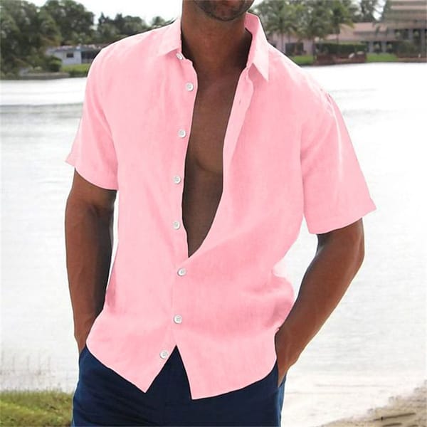 2024 summer explosive men's fashion casual cotton linen lapel knit slim solid color cardigan short-sleeved men's shirt