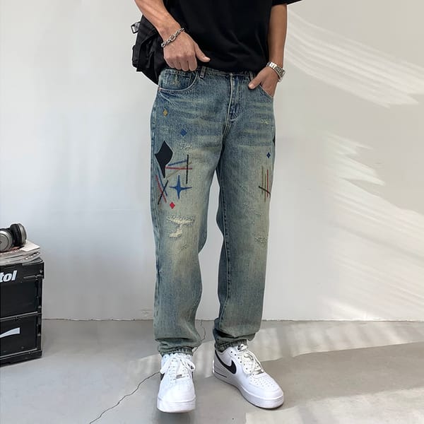 Straight Jeans Men's High Street Fashion Brand Vintage Print Loose Street Fashion Personality Teenagers Casual Versatile Trouser
