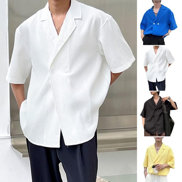 Button-up Shirt Men's Summer Waffle Texture V Neck Shirt with Buttons Soft Breathable Quick-drying Pullover for Fitness Business