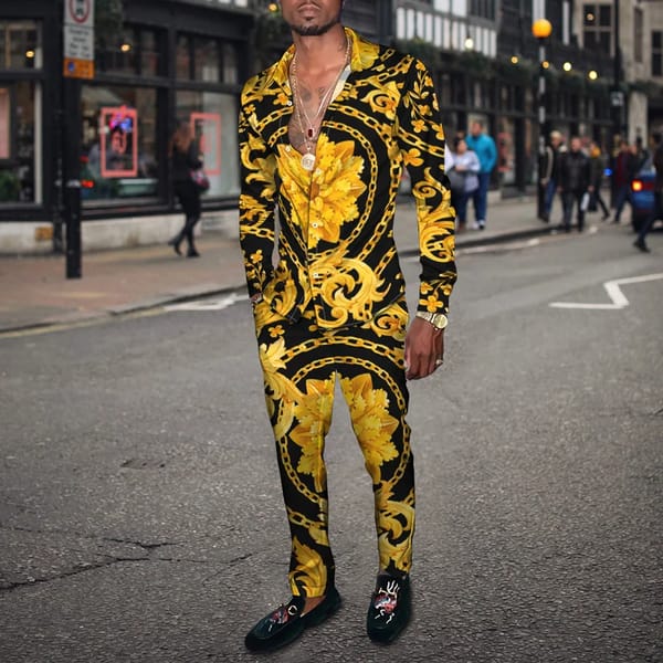 Hawaii Man Shirt Suit 3D Flower Print Striped Check Fashion Breathable Men's Lapel Long Sleeve Shirt Long Pants Two Piece Set
