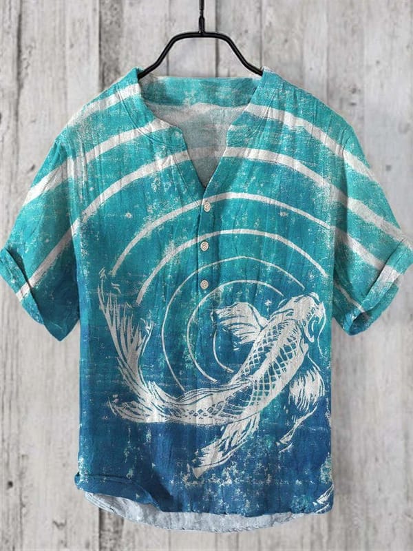 Men's Hawaiian shirt new short sleeved shirt shark print cross-border linen thin size comfortable trendy cool top