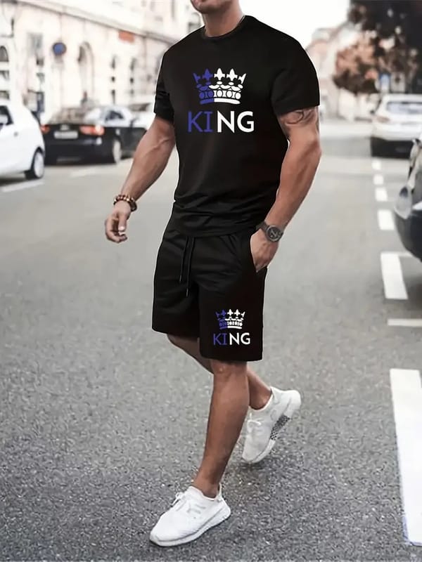 2pcs/set Men's Summer Casual Wear O-neck Short-sleeved T-shirt Men's Loose Casual Shorts Suit Letter Print KING Men's Clothing