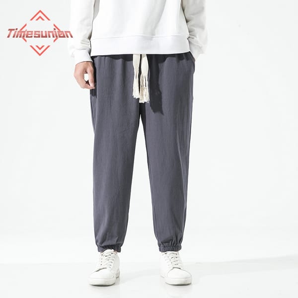 Chinese Style Cotton and Linen Loose Men's Pants Male Summer New Breathable Solid Color Linen Cropped Pants Fitness Streetwear