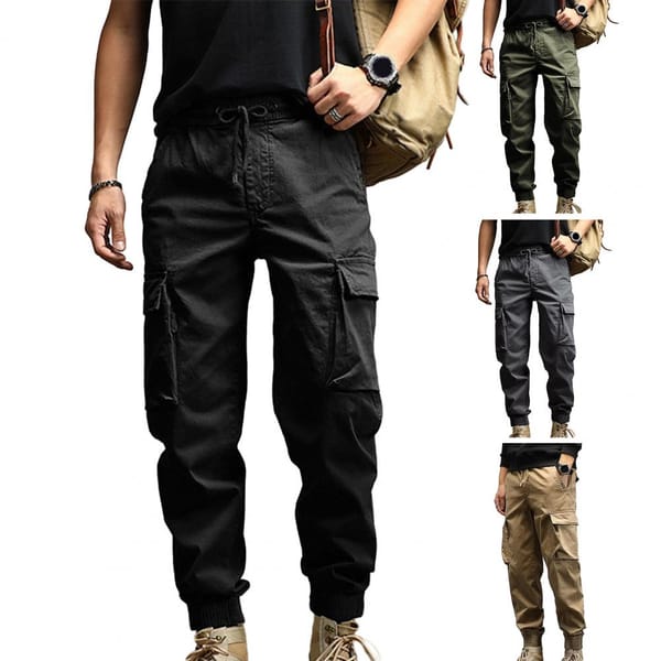 Men Solid Color Pants Men's Cargo Pants with Ankle-banded Design Multiple Pockets Elastic Waist for Comfortable Stylish