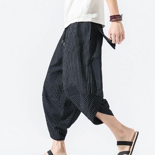 Striped Harem Pants Men Versatile Cropped Trousers Men's Summer Cropped Pants with Elastic Drawstring Waist for Streetwear