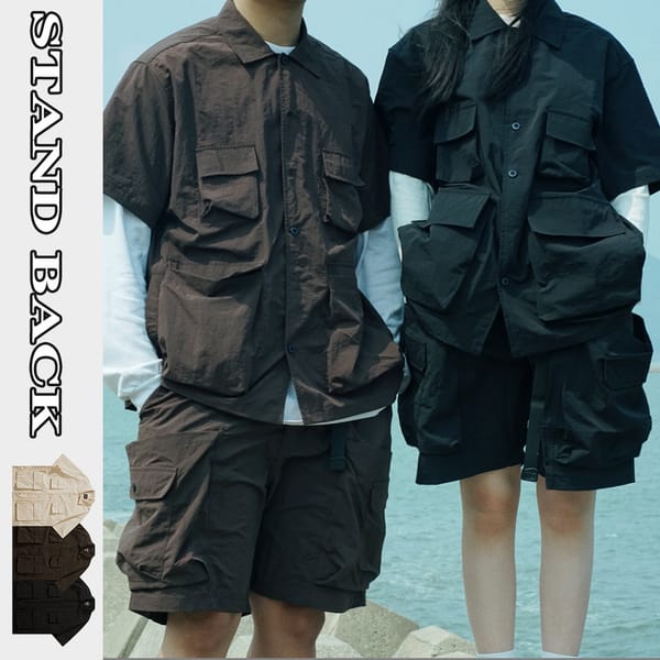 Japanese Outdoor Functional Multi Pocket Work Wear Short Sleeve Shirt Men's and Women's Loose Polo Casual Shirt Coat