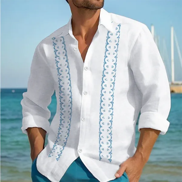 Men's Linen Shirts Casual Long Sleeve Shirts Striped Lapel Hawaiian Holiday Outfits Clothing Comfortable Tops