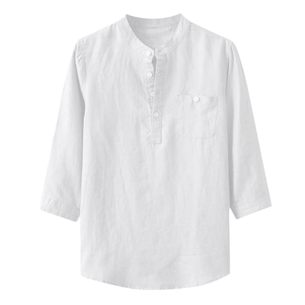 Men'S Loose Tops Summer Fashion Comfortable Cotton Linen Blouse Tops Solid Color Three Quarter Sleeve Small Stand Collar Shirts