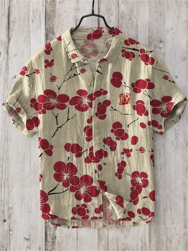 Men's Short Sleeved Linen Shirt, Retro Flower, 3D Digital Printing, Beach Top, Fashionable, Casual, Breathable, New