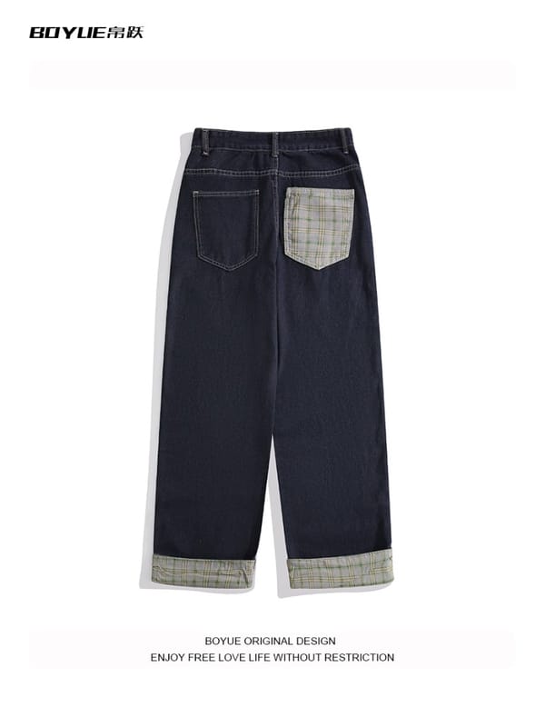 American Fashion High Street Patchwork Plaid Jeans 2024 Men's Summer New Design Sense Floor Length Pants Male Clothing