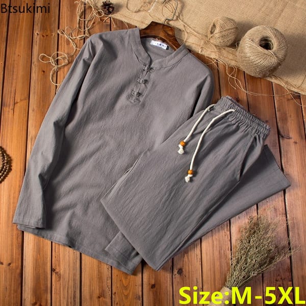 Chinese Traditional Clothing Men's Breathable Cotton Linen Two Piece Set Loose Casual Suit Men Tai Chi Kung Fu Costume Tang Suit