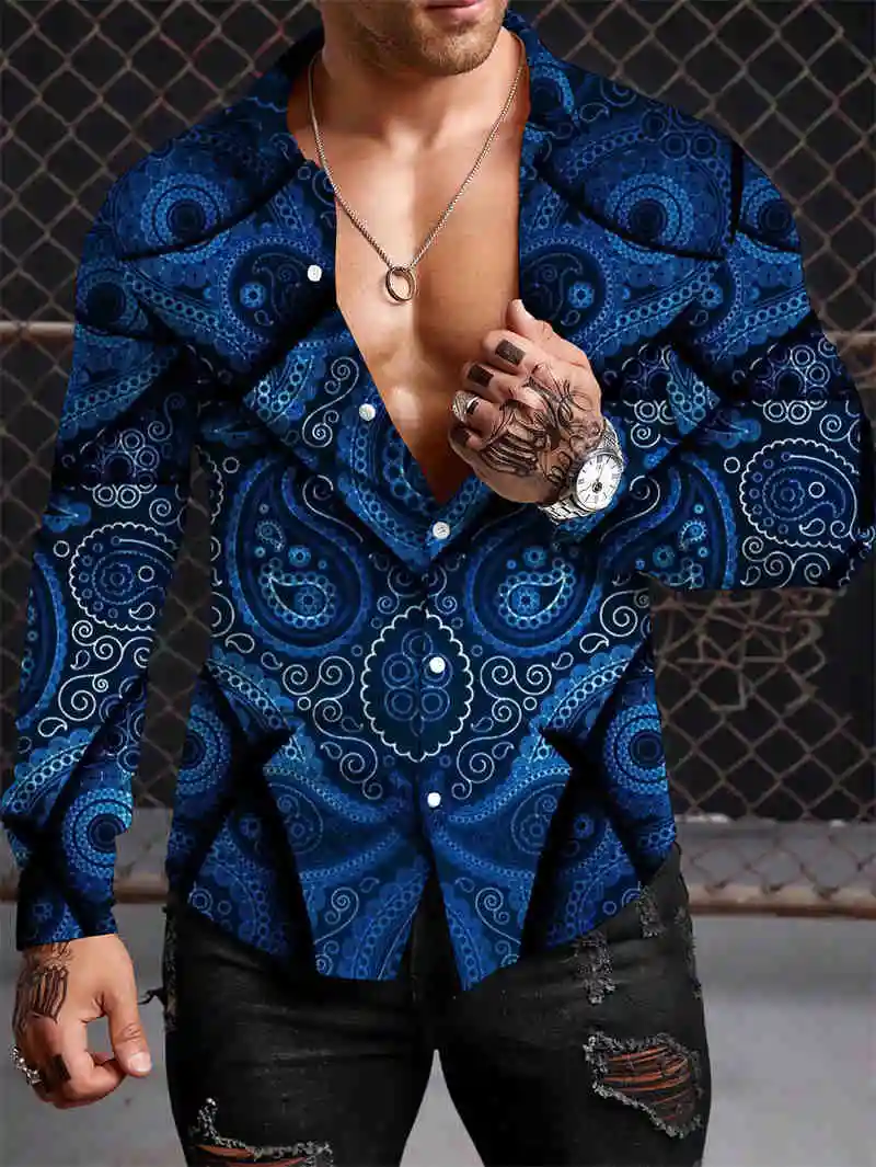 2024 Bohemian Y2K Men Shirt Fashion 3D Printing Pattern Casual Oversized Long-sleeved Shirt Fitting Men's Casual Shirts