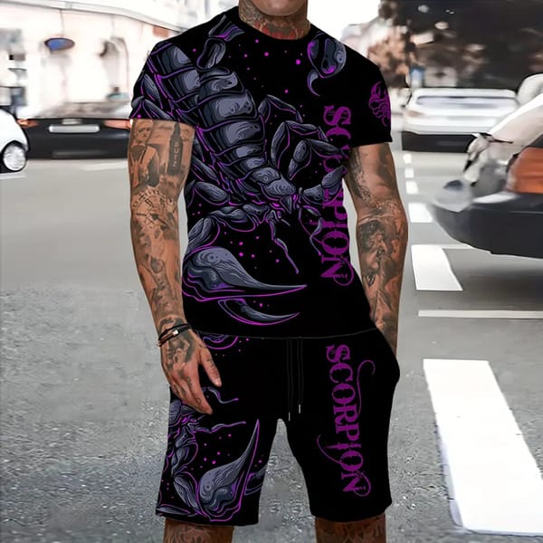 2024 New Summer Men's Sportswear Sweat Suits Oversized Suit Scorpion Print Breathable T-shirt Short Two-piece Men 2XS-6XL