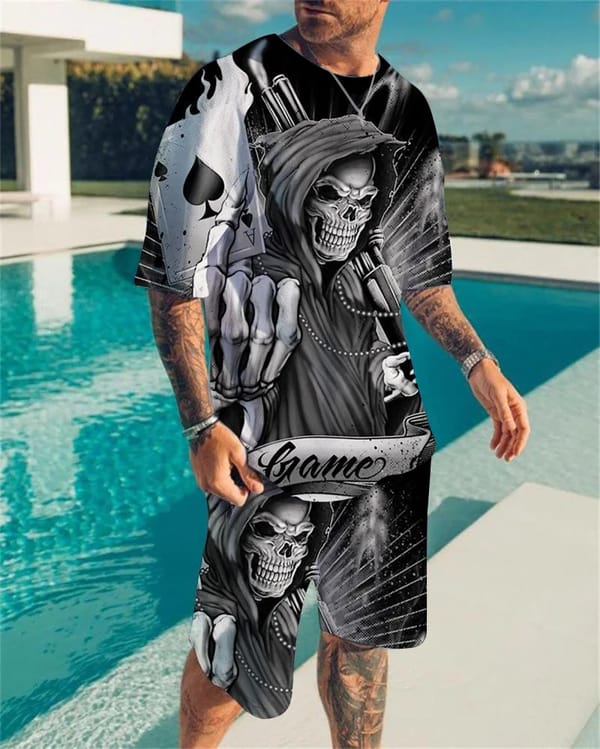 Trendy horror skull 3D printed shorts 2 Piece Printed T-Shirt O-Neck Hip Hop T-Shirt Men's Women's Fashion Sweatshirt Casual