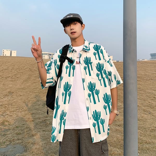 Men's New Lapel Flower Green Print T-shirt Hong Kong Style Summer Comfortable Holiday Style Fashion Wear Shirt