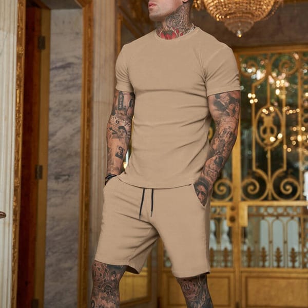 Summer New Men's T-shirt |+Shorts Thin Breathable Solid Color Casual Sports Set