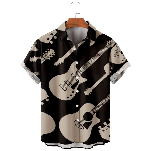 Trendy Men's Guitar Printed Shirt Vacation Hawaii Casual Beach Loose Short Sleeved Summer Top Breathable Shirt
