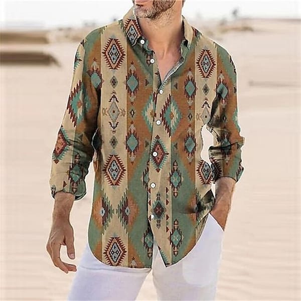 Ethnic Style Print Men's Shirts Casual Single-Breasted Blouses Long Sleeve Shirt Streetwear Lapel Tops Trend Tops Men Clothing