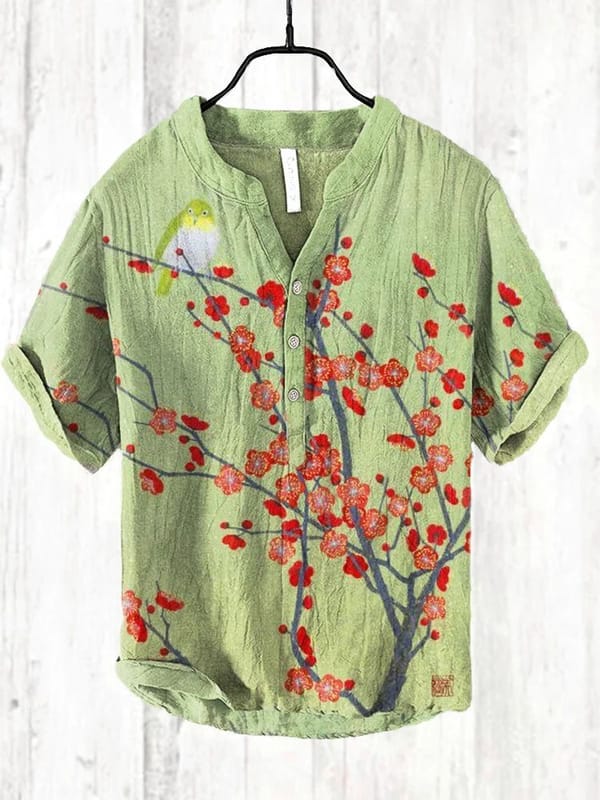 Cross border foreign trade 2024 summer men's new Amazon loose Chinese plum print V-neck casual oversized pullover shirt