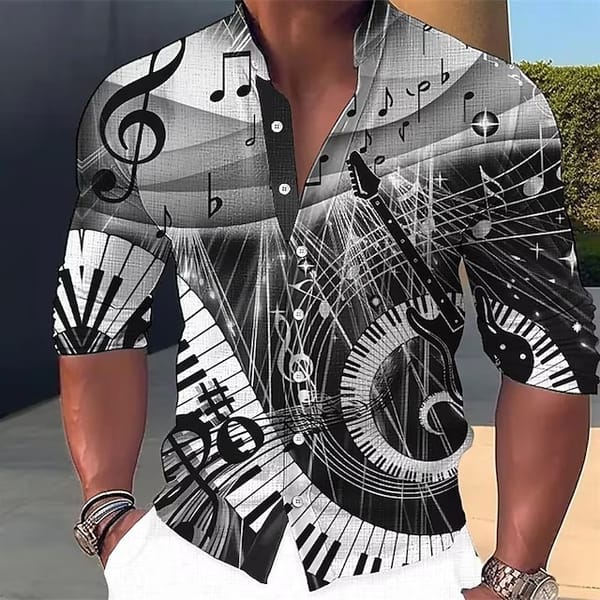 Music Series Slim Fit Single Breasted Top Youth Stand Collar Long Sleeved Shirt Men's Beach Long Sleeved Summer Shirt MB1