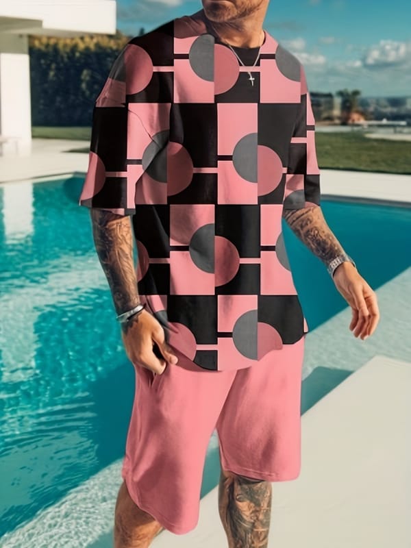Fashionable Men's Suit Summer Outdoor Street Casual Wear with Geometric Pattern Simple Printed Short Sleeve Shorts